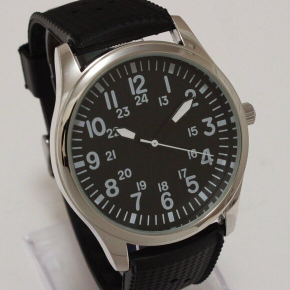 Men's Quartz Field Watch Silver Case Black Tropical Strap 42mm - Picture 5 of 12